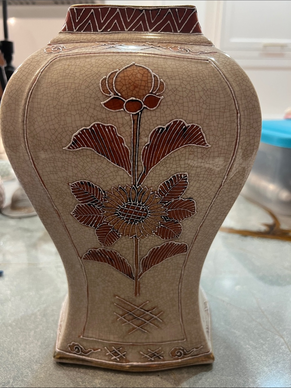 Kutani/Satsuma Japan Square Baluster Vase Hand-Painted Lotus Gilt Crackle Glaze